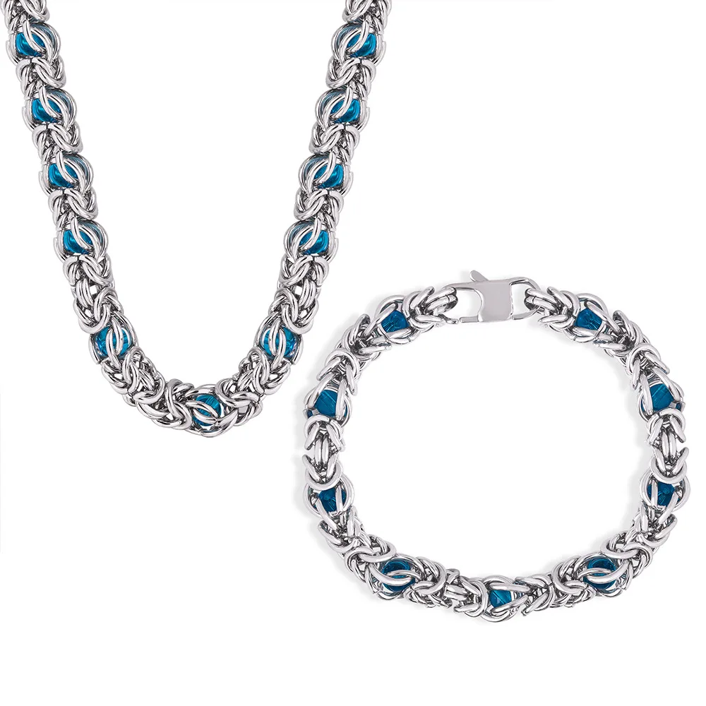 

Chunky Titanium Steel Male Cuban Chain Necklace Bracelet Set Stainless Steel Blue Resin Stone Crystal Bead Punk Jewelry for Men