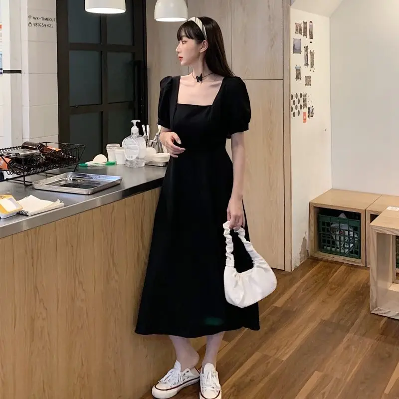 

Black dress female summer 2021 new temperament square collar over the knee long Hepburn style little black dress korean dress wo