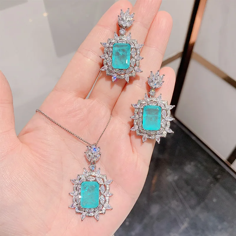 

Natural Vivid S925 Silver Post Blue Paraiba Tourmaline Earrings Ring Necklace Set Luxury Square Emerald Jewelry Set