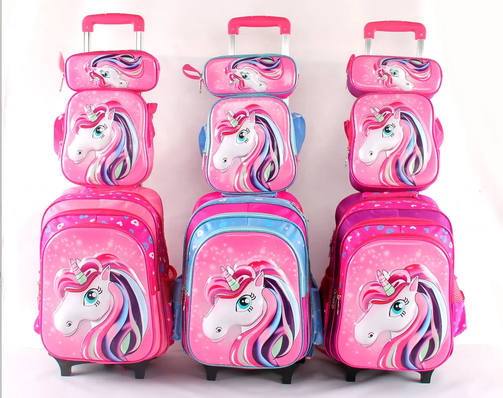 

trolley school bags Unicorn-patterned cartoon satchel with a three-piece tie rod lunch bags for school kids, Blue