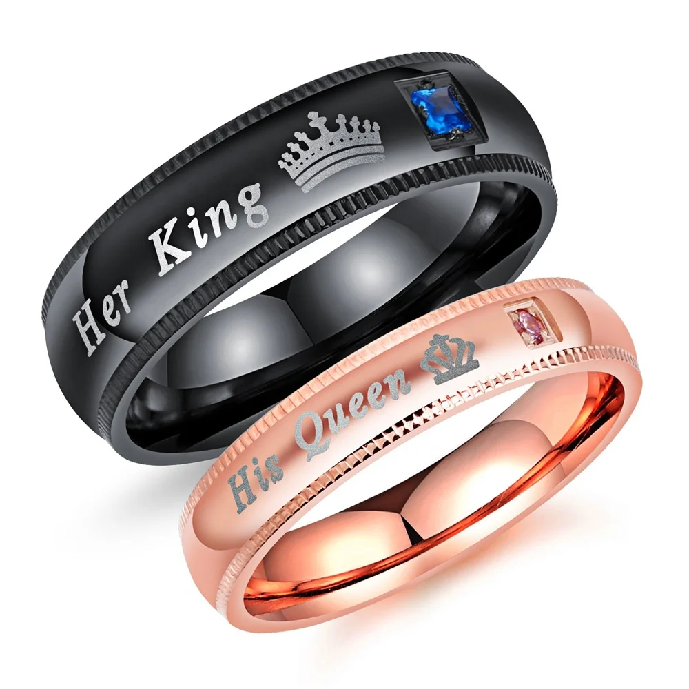 

Romantic Anniversary Gift Stainless steel CZ Couple King And Queen Rings, Black,rose gold