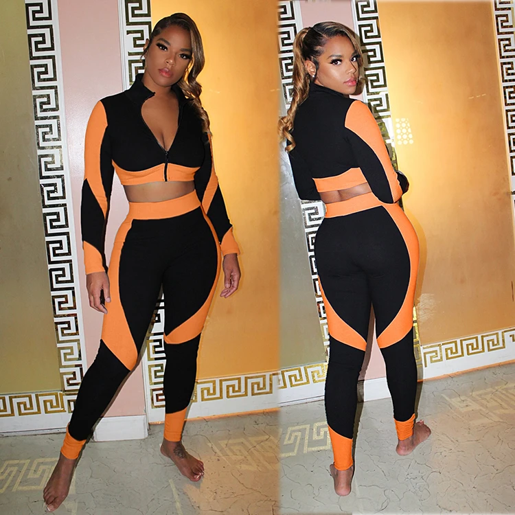 High Quality Zipper V Neck Sexy Crop Top Fall 2021 ladies Clothes Two Piece 2 Piece Set Women Clothing