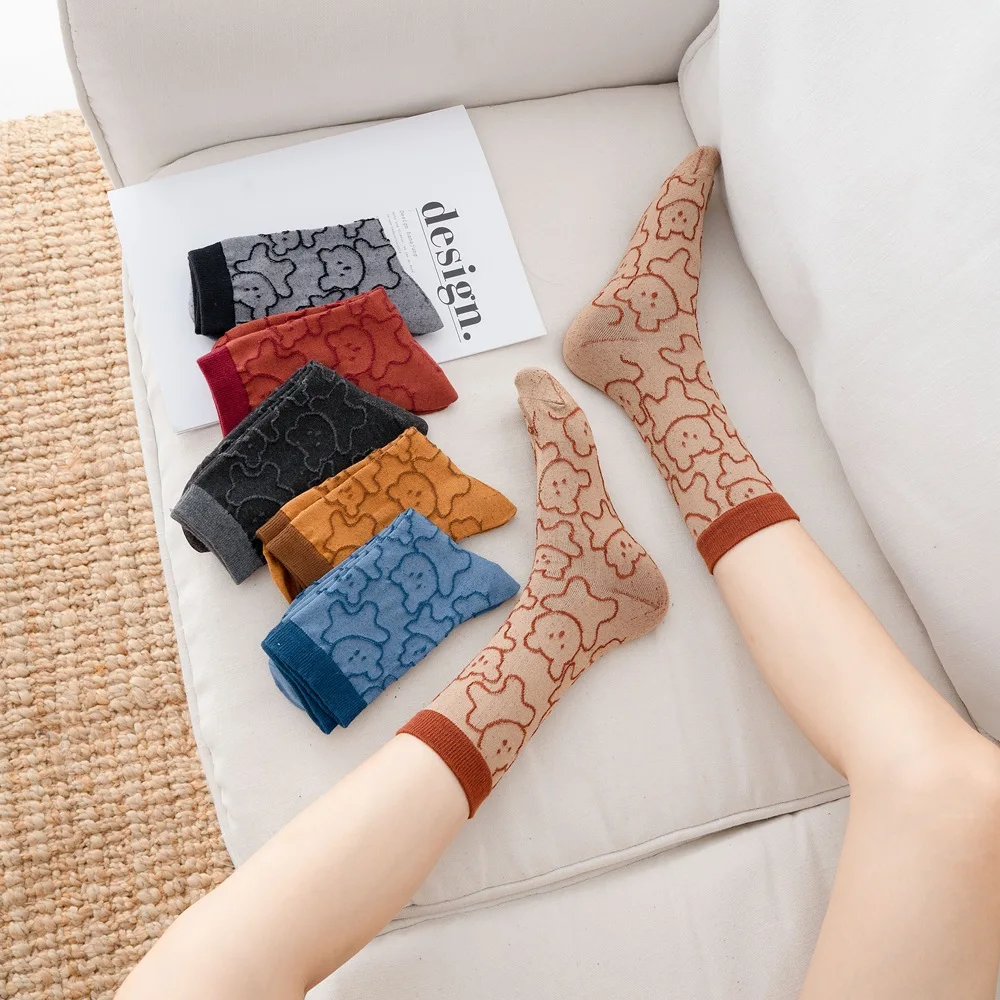 

Autumn Cartoon 3D Bear Full Printed Jacquard Cute Socks Girls Women Crew Comfortable Cotton Slouch Socks, 6 colors