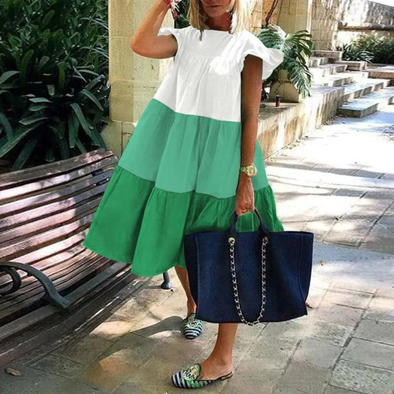 

Latest Summer Women Dresses Clothing Clothes Three-Color Stitching Plus Size O Neck Doll Skirt Casual Puff Dress, Black/green/red/blue