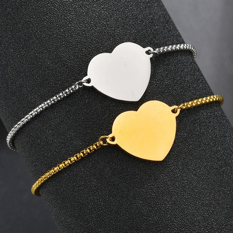 

Minimalist Stainless Steel Bracelets Chain Engraved Heart Charm Custom Logo Name Friendship Bracelet Silver Gold Jewelry Gift