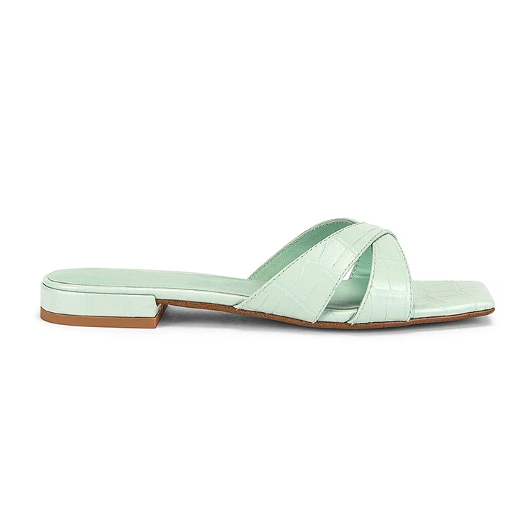 

Beautiful Ladies' Fancy Low Heel Slide Slippers Shoes Customs Design Top Quality Crocodile Emboss Leather