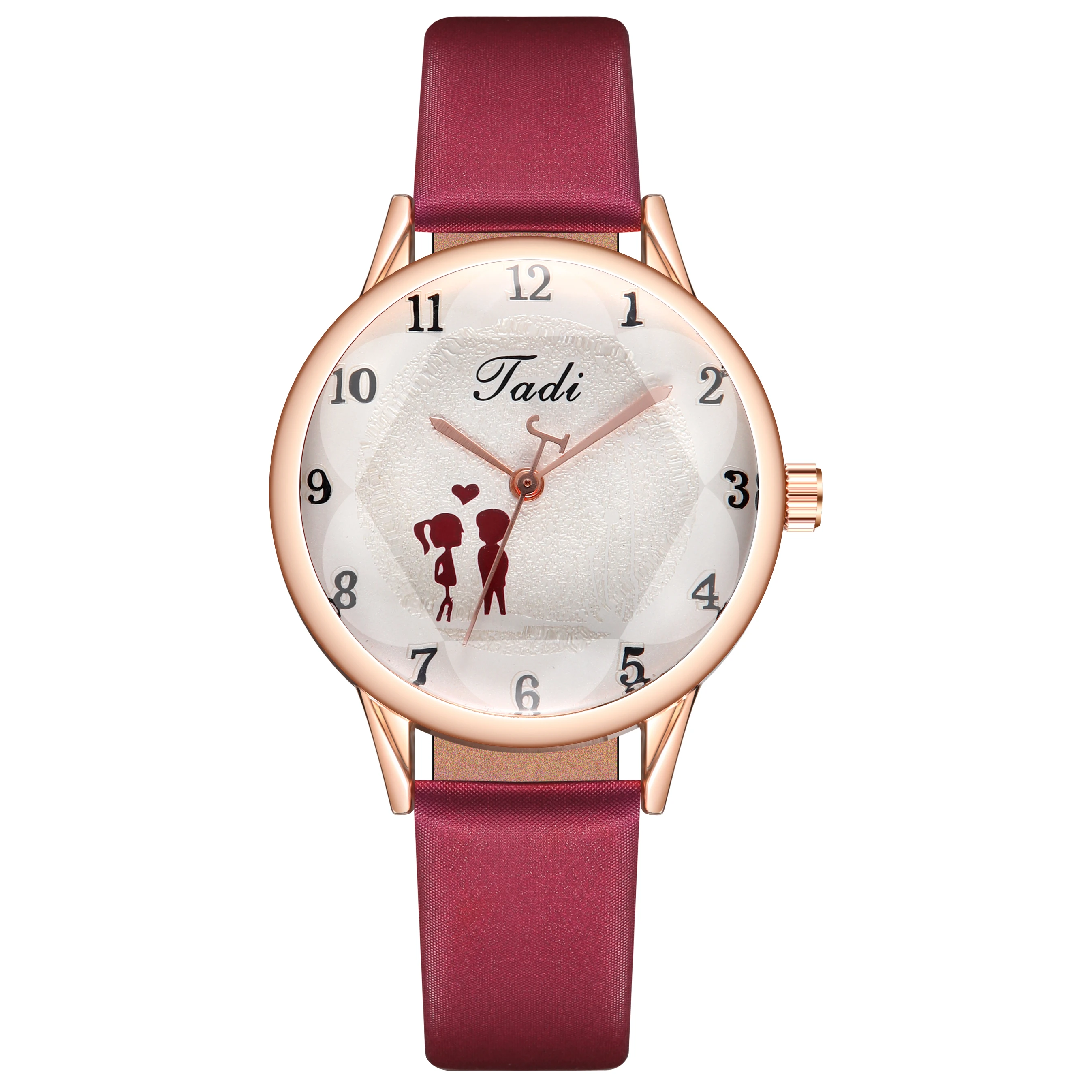 

TADI Brand Leather Strap Digital Scale Display Couple Pattern Glass Ladies Quartz Watch, As picture