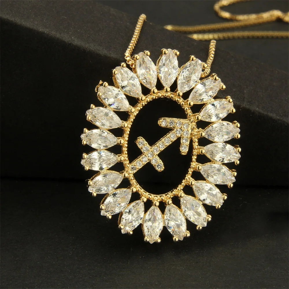 

Fashion Diamond Zodiac Pendant Necklace Women Fashion Jewelry Round Cubic Zircon Zodiac Sign Necklace for Women, Gold