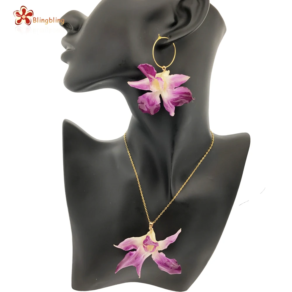 

Resin coating real dried orchid flower earrings necklace jewelry set, Genuine