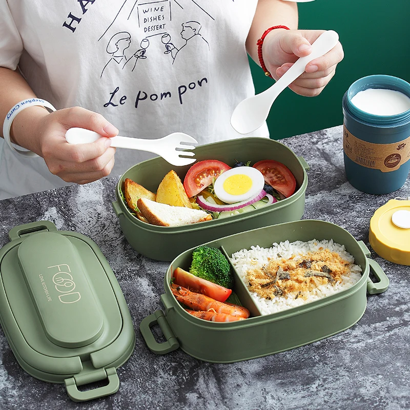 

wholesale pp plastic lunch box 2 layer lunch box with cutlery and bottle insulated leakproof bento lunch boxes bag set, Mint green/navy blue/light blue