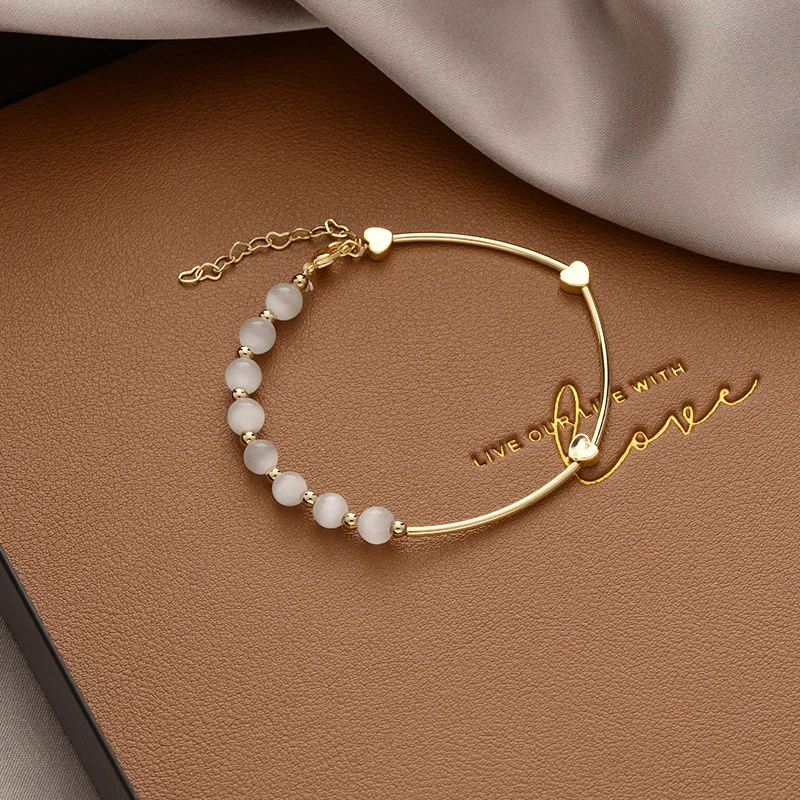 

Charm Bracelets Personalized White Opal Stone Beaded Bracelets Gold Plated Puffed Love Heart Bangle Bracelet Women Jewelry
