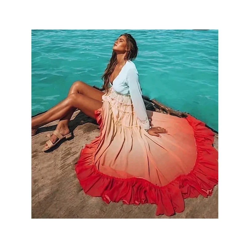 

Women Summer Fashion Beach Sleeveless Evening Party Dress Large Pendulum V Neck Long Sleeve Ruffle Holiday Boho Chiffon Dress, Color