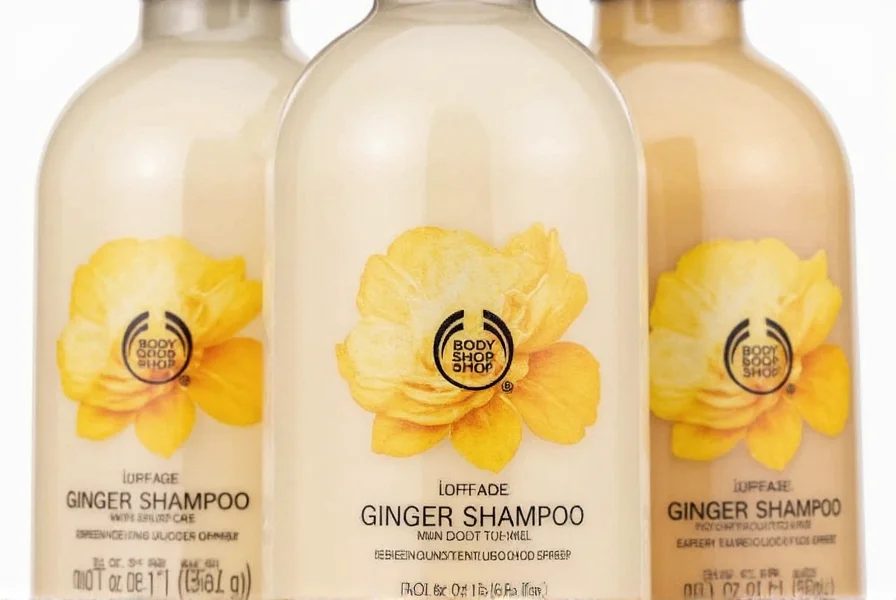 Close-up of The Body Shop Ginger Shampoo bottle showing the amber liquid and ginger root ingredients