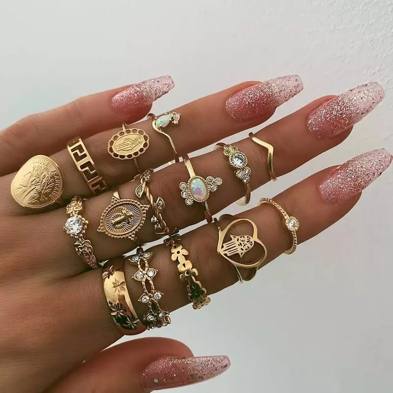 

15 Pcs/Set Bohemian Vintage Crown Water Drops Stars Geometric Adjustable Crystal Ring Set Women Party Wedding Jewelry Gift, As pic