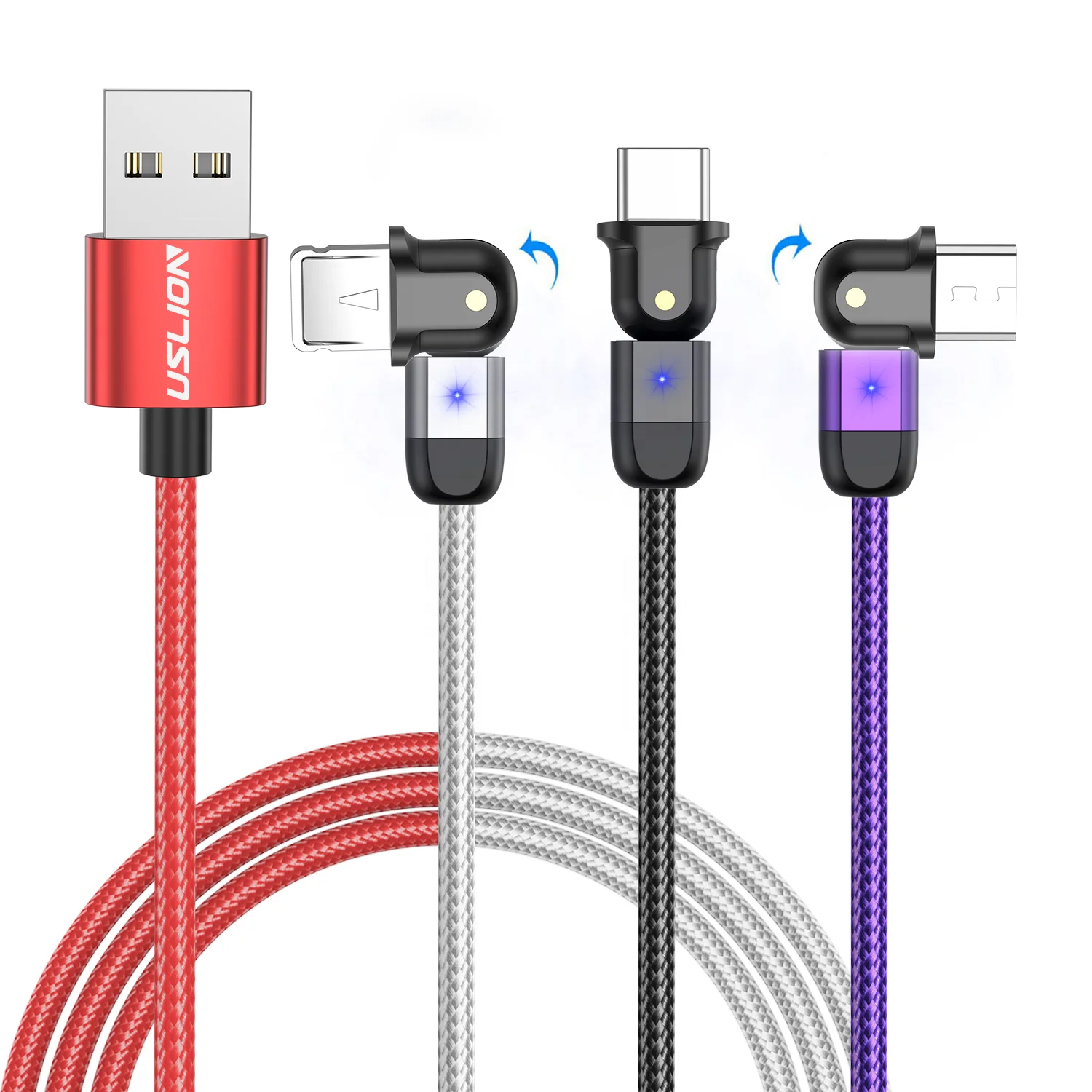 

USLION 180 Degree Rotate Data Cable Micro USB/Type C 3A Fast Charging USB Cable LED mp3/4 player Game Cable for iphone, Black/red/silver/purple