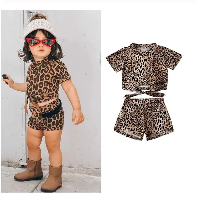 

New Fashion Spring Summer Kids Girls Short Sleeve Leopard Print T-shirt Shorts Casual Baby Two Piece Set Clothes Suit