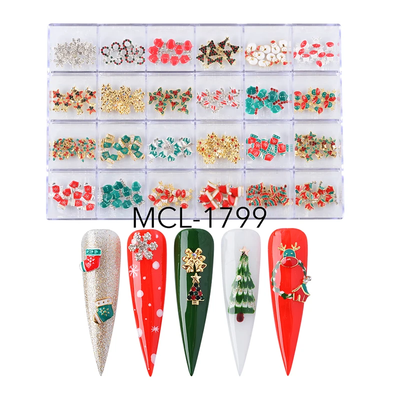 

3D Deer Bell Snow Snowman Tree Christmas Alloy Nail Charm Box For Nail Art, Colorful