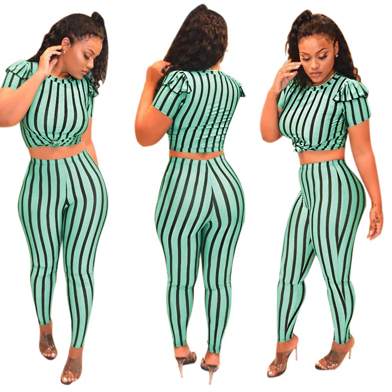 

Ladies new sexy digital printing green stripe two-piece short-sleeved top and trousers two-piece suit