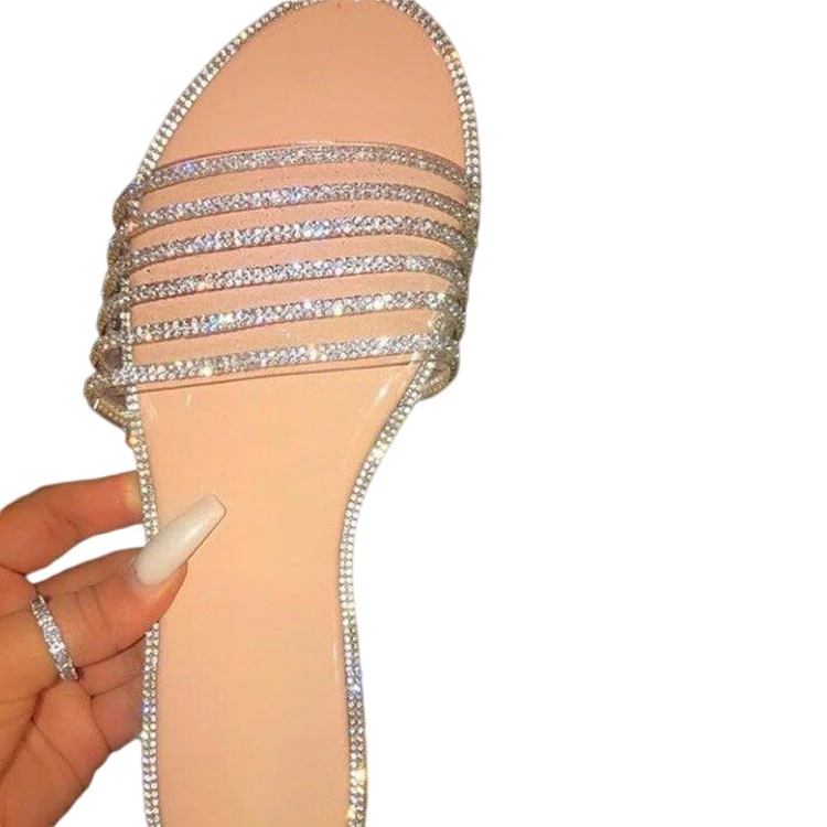 

Women Sequin Bling Bling Summer Flat Slippers Rhinestone Shoes Open Toe Casual Sexy Beach Sandals Ladies Black Non-slip Slides