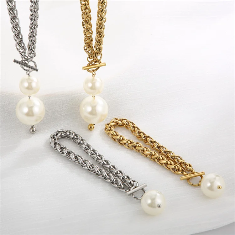 

Trend stainless steel wheat chain bracelet necklace pearl jewelry set