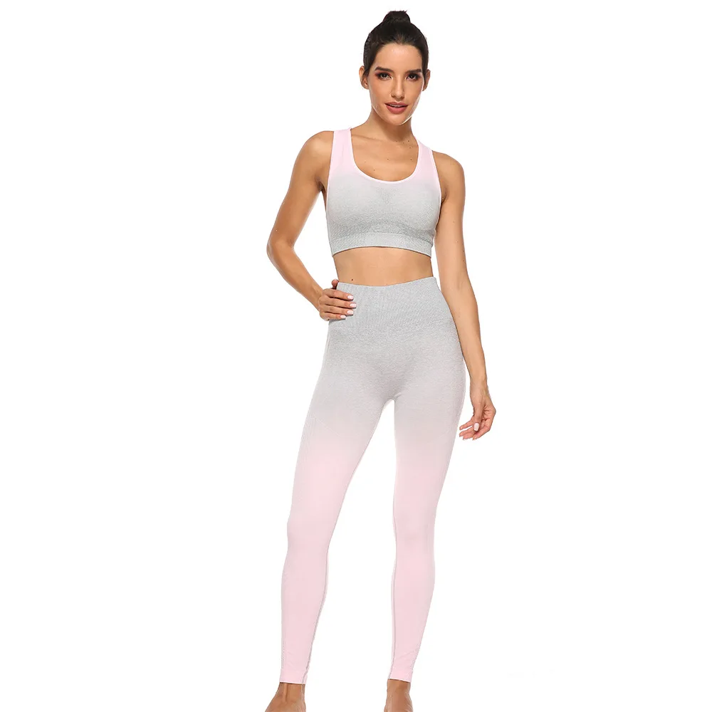 

Women Gym Wear Sets Sports Jogger Set Gradient Yoga Bra Leggings Sets 2 Piece, Picture shows