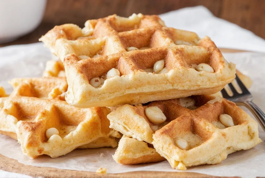 Perfectly golden cinnamon roll waffles with cream cheese drizzle on a maple wood plate