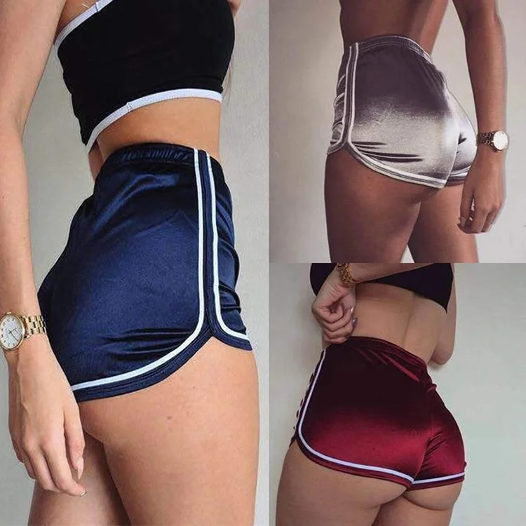 

2021 Wholesale Women Shorts Silk Elastic Waistband Workout Yoga Booty Shorts Sexy Solid Color Hot Pants, Picture