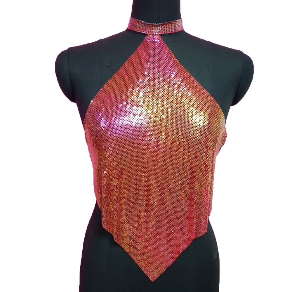 

S181 Sexy rainbow red blue Metallic Tablet chainmail top Chain Rave Club Crop Top Women's Sexy Sequin tank Top, Rainbow red and blue