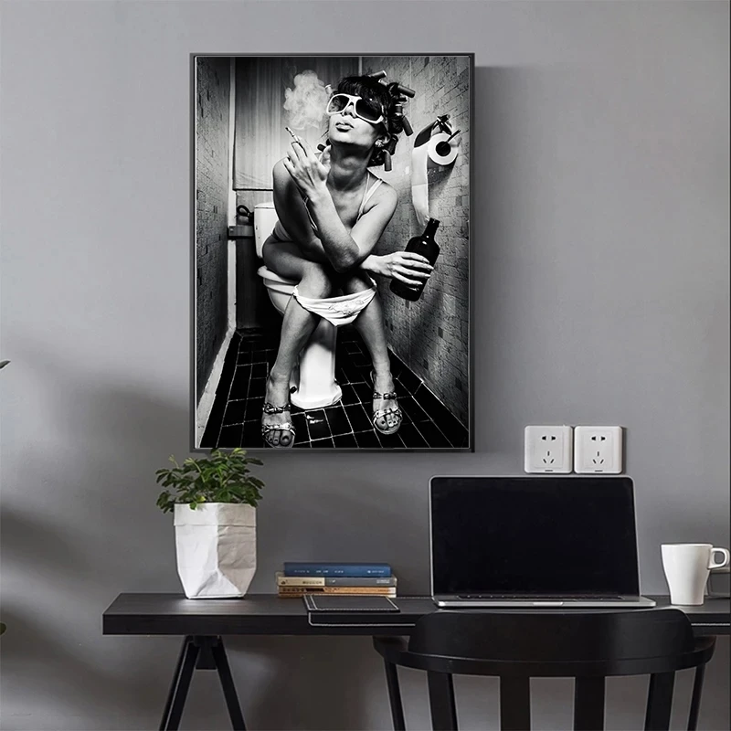 

Black and white sexy drinking and smoking woman canvas painting poster wall art picture living room home decoration frameless