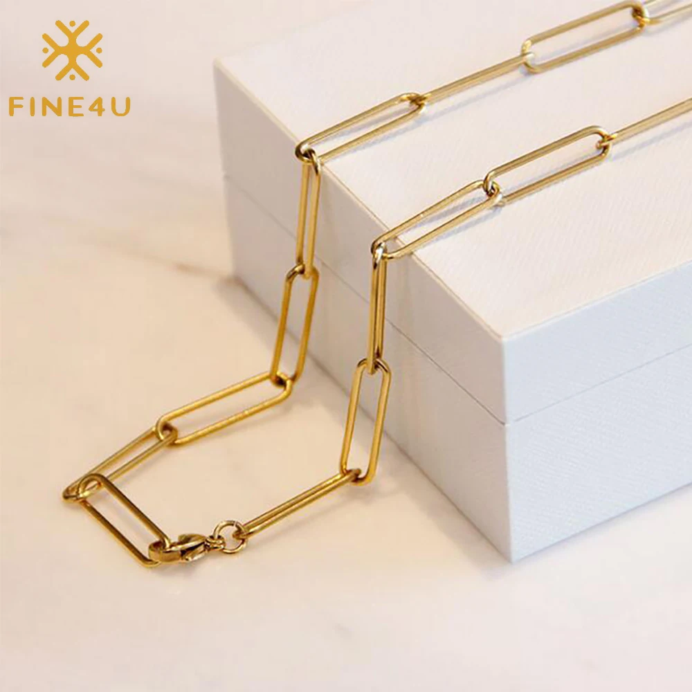 

Hip hop women retro hollow thick wide link 18k gold plated paper clip chain, Steel/gold/rose gold