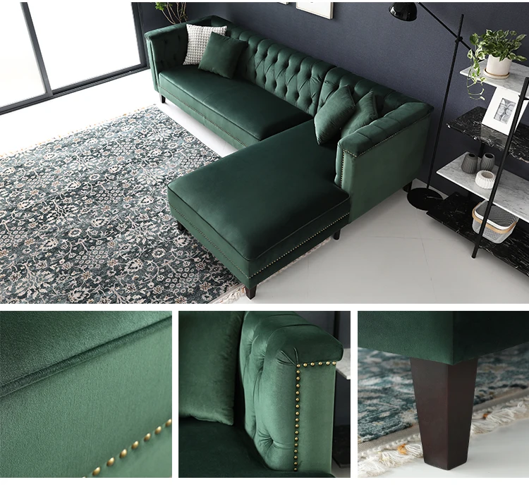 Dark Emerald Green Velour Velvet Tufted Sectional Sofa Couch Corner L