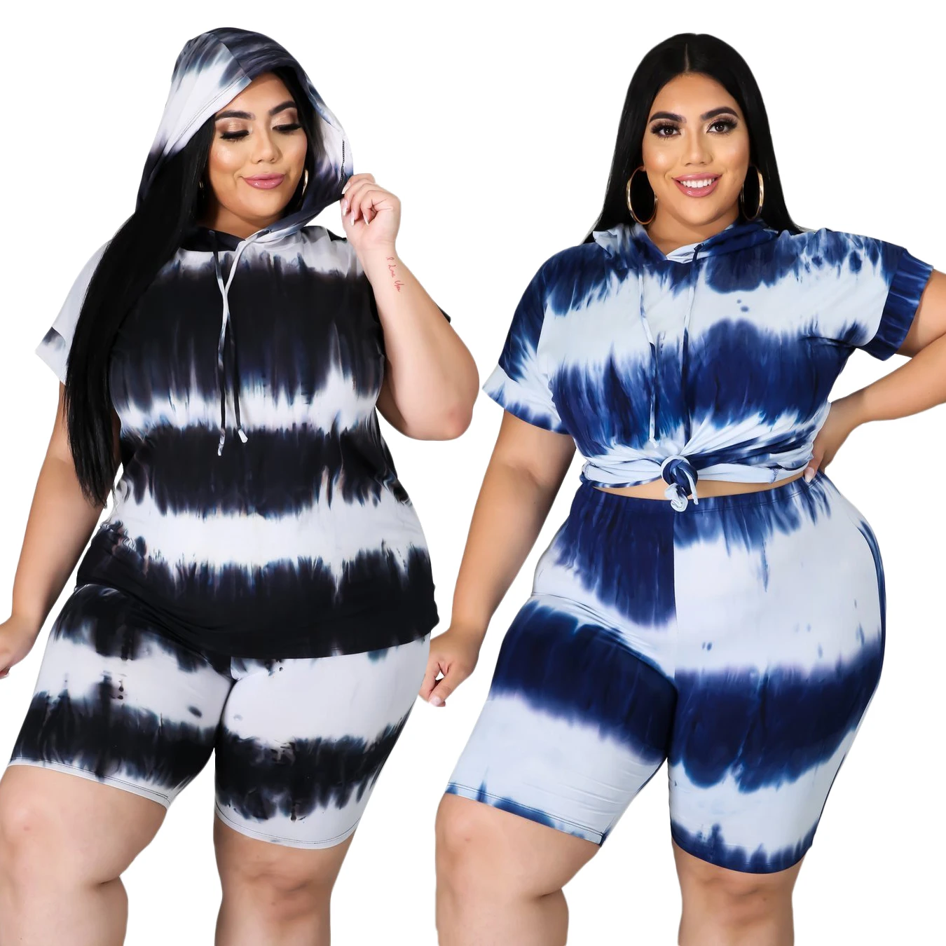 

Plus Size Women's Casual Tie-dye Printed Short Sleeved Hooded Five Point Pants Set