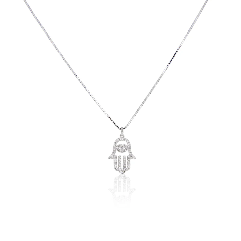 

Classic 14k gold plated women dainty initial hamsa hand necklace silver charm