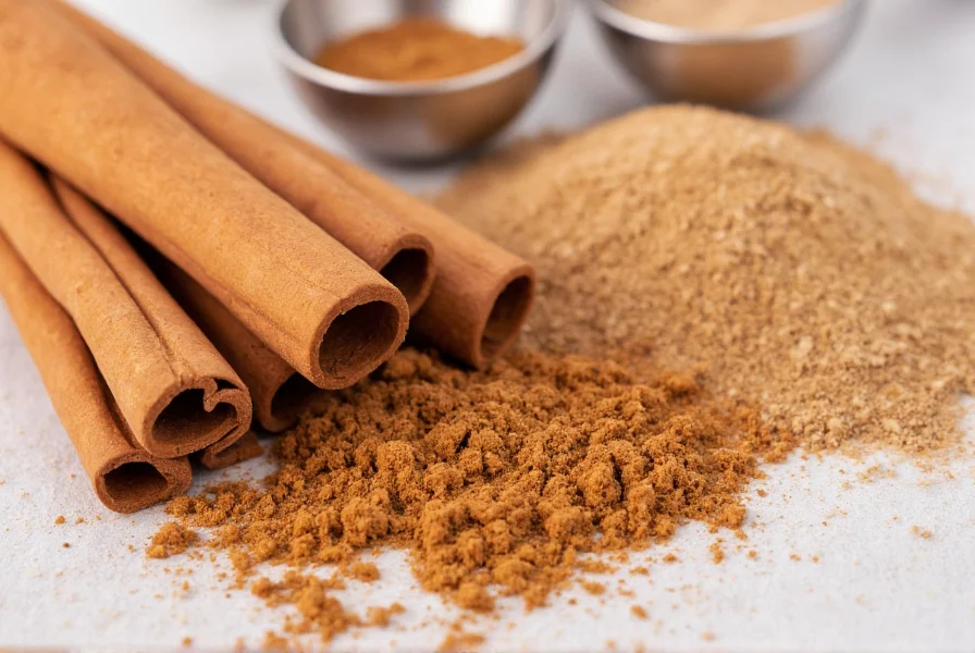 Close-up of cinnamon sticks and ground cinnamon with measuring spoons showing proper dosage