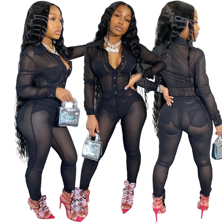 Sexy Ladies Club Wear 2 Pcs Outfits Long Sleeve Skinny See Through Mesh Party Clothing Women Two Piece Set