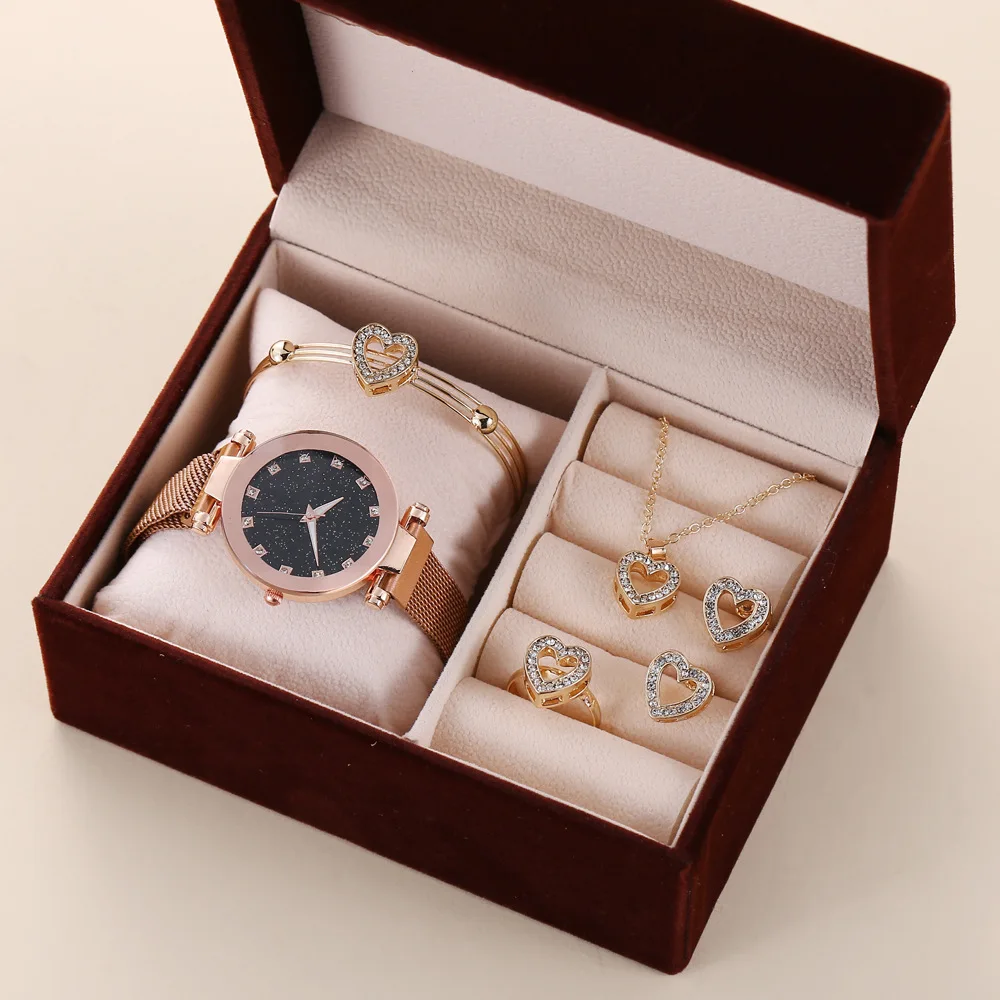 

2021 Luxury Women Watches Crystal Bracelet Stud Earring Necklace Set Ladies Watch Casual Quartz Wristwatch Set, Rose gold