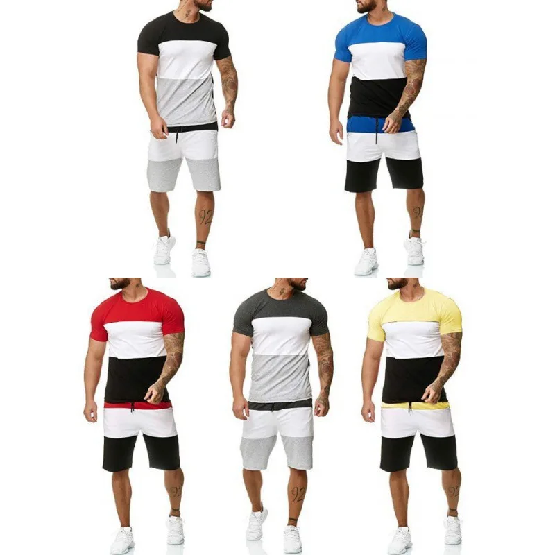 

PDEP M-5XL Summer men's short-sleeved muscle fitness sports suit outdoor leisure hit color suit t shirt short set