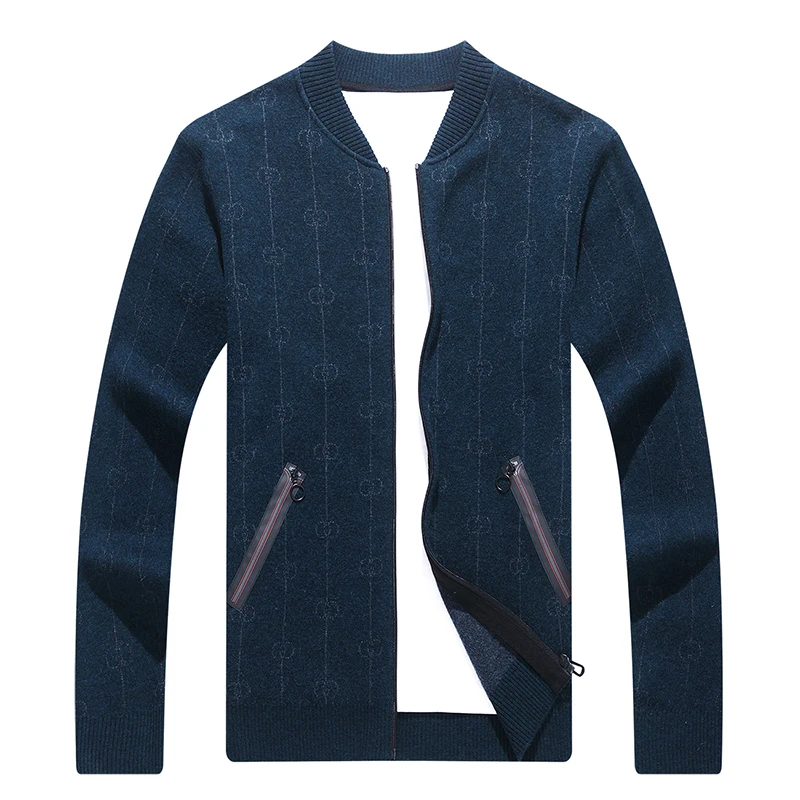 

High quality solid color knitted cardigan 100% wool cardigan zipper round neck pocket cardigan sweater, Black, beige, blue