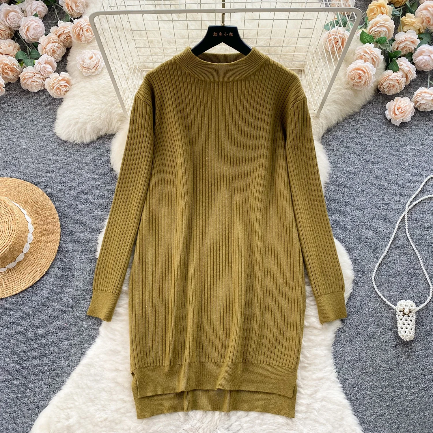 

Autumn Casual O-neck Slim Knitted Midi Dress For Women Long Sleeve Empire Lace Dresses Women's Fashion Dresses Clothes Women