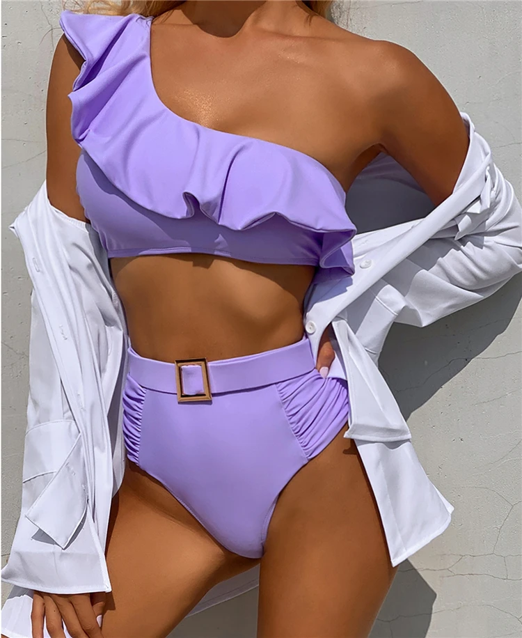 

DUODUOCOLOR Flounces slanted shoulder swimsuit for ladies two piece solid color sexy female clothing bikini D97480