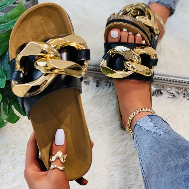 

Summer 2021 Beach Flat Slippers Comfortable Open Toe Sandals with Chain Strap for Women and Ladies, 2 colors
