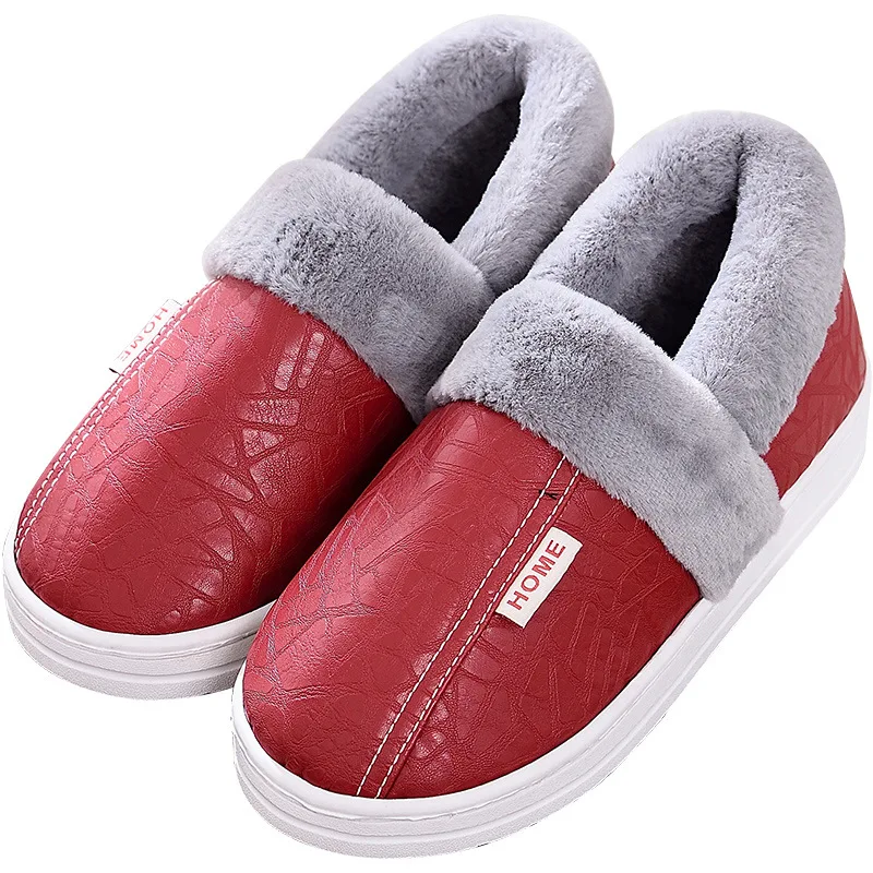 

New style wholesale PU leather warm winter home cotton house slippers shoes with thick non-slip soles for women and men