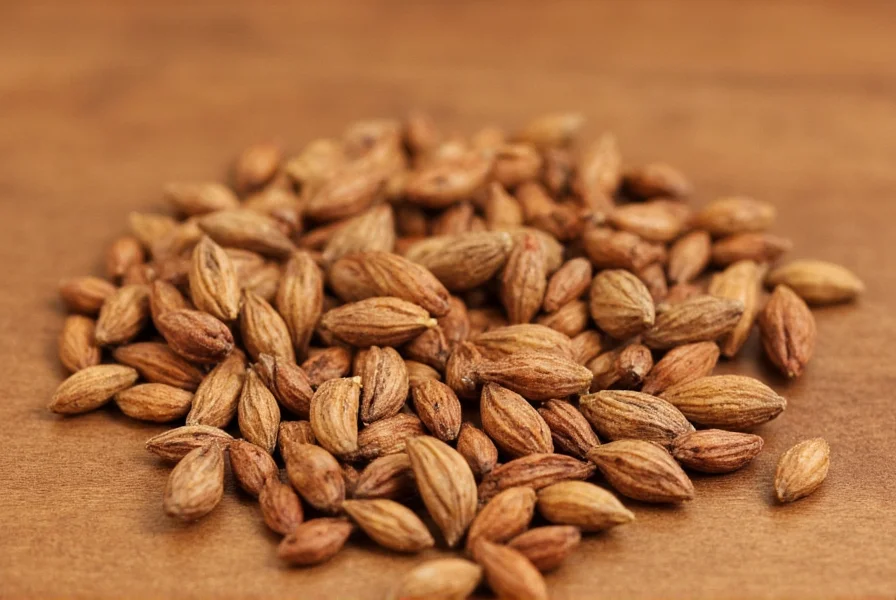Close-up photograph of cumin seeds (jeera) showing their distinctive crescent shape and warm brown color on a wooden surface