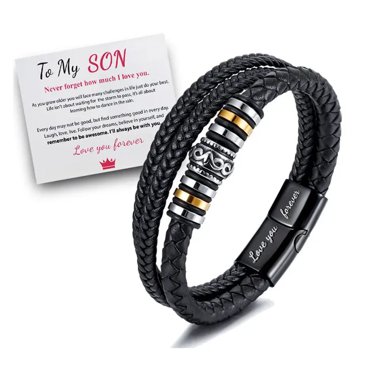 

SC Hot Selling to My Son Graduation Bracelet Gift High Quality Handmade Braided Multilayer Mens Magnetic Buckle Leather Bracelet, Black