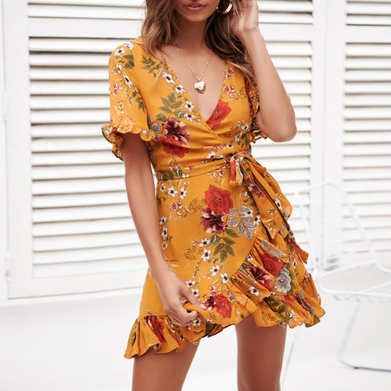 

Wrap Mini Dress Women Floral Print Summer Beach Dress Sexy V Neck A Line Ruffle Party Dress Elegant Sundress Robe, As pic