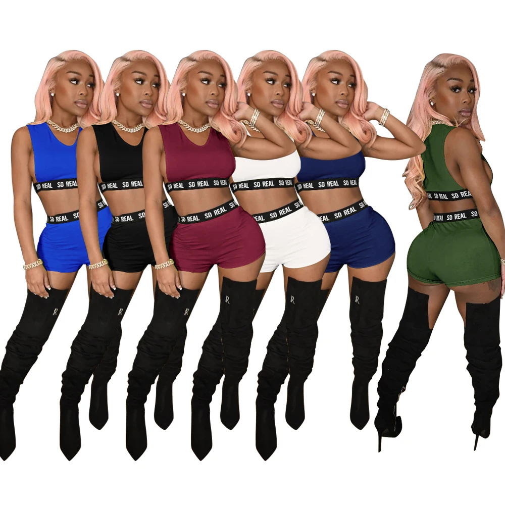 

Wholesale 2021 Sexy Crop Tops Shorts Pants Set Solid Letter Print Skinny Stretchy High Street Women 2 Piece Set Clothing, Blue/black/white/dark blue/army green/wine red