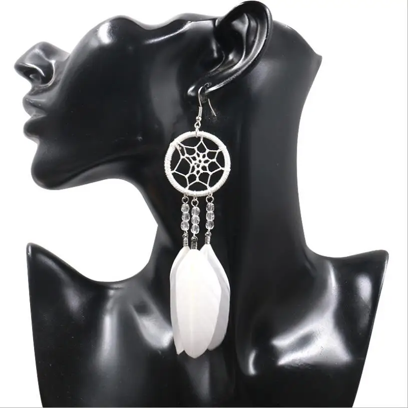 

2021 Bohemian White Black Feather Tassel for Women Long Earrings Hanging Lucky Friendship Jewelry Gift