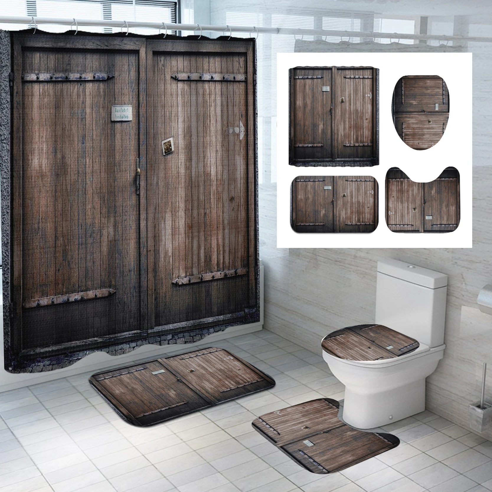 

2021 Ready made 3D digital printed wood boards waterproof non-slip shower curtain four-piece suit floor mat for toilet, Customized color