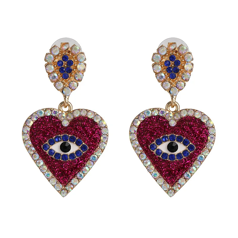 

2020 Halloween Thanksgiving Day Gift Jewelry Wholesale Fashion Colorful Rhinestone Evil Eya Heart ZA Vintage Women Earrings, Gold