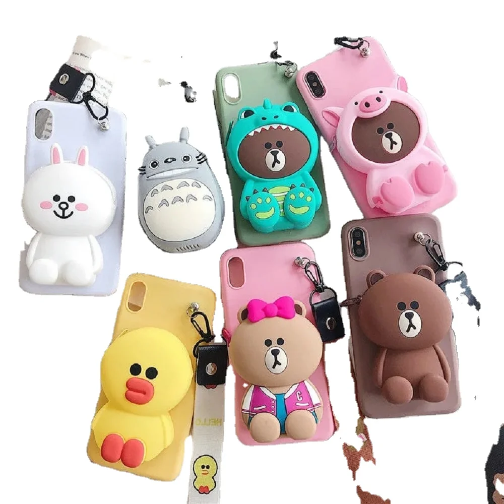 

3D Cute Cartoon Cat Wallet Bag Silicone Soft Phone Case for iPhone 13 12 Pro Huawei Samsung With Lanyard